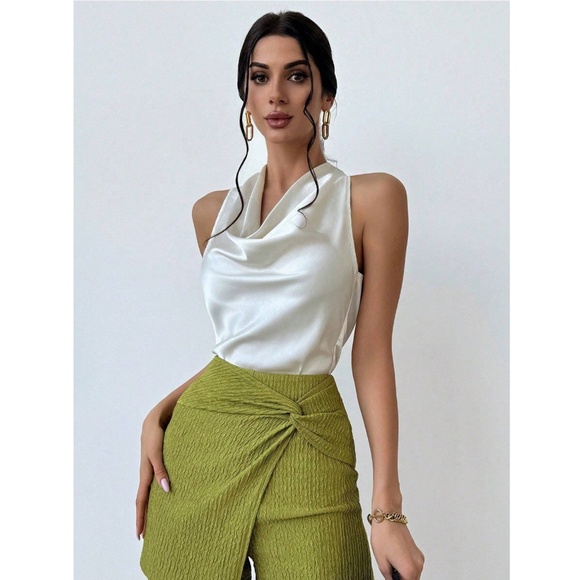Off White Satin Halter Draped Tie Neck Sleeveless Blouse - Picture 4 of 8
